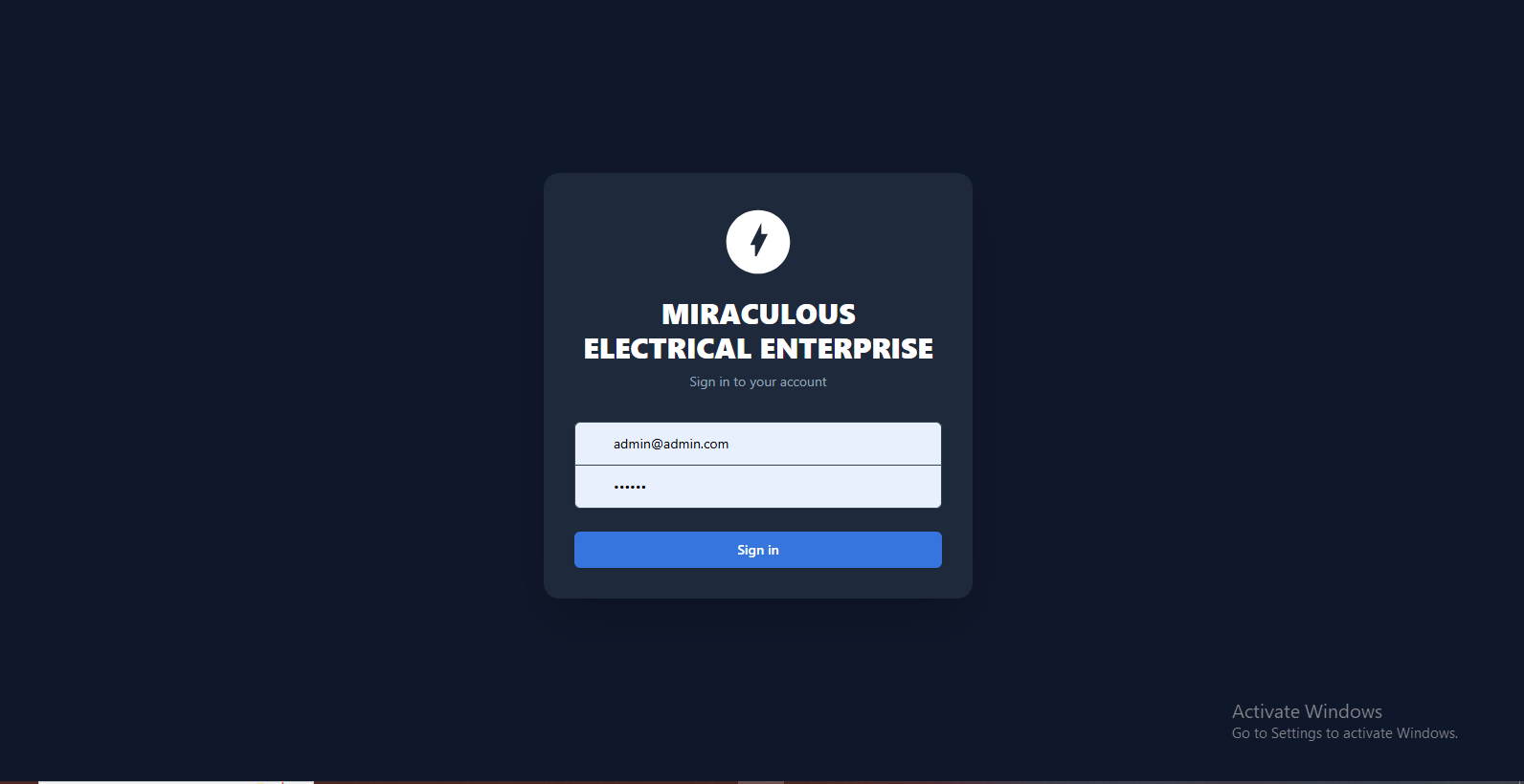 MiraSaleAI sign-in screen for Miraculous Electrical Enterprise
