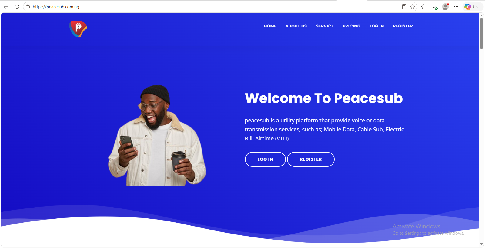 PeaceSub homepage with the welcome message and log in and register buttons